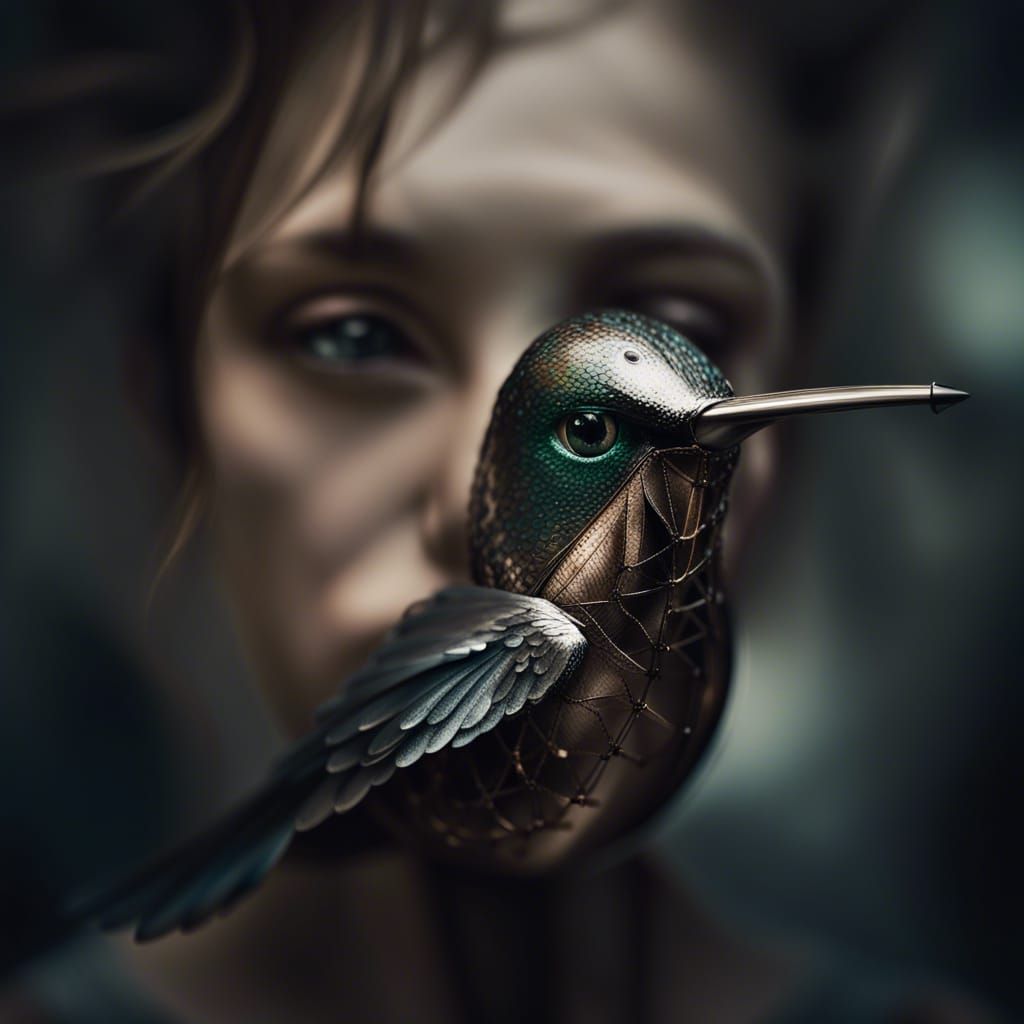 Metal Hummingbird Portrait in Ambient Light