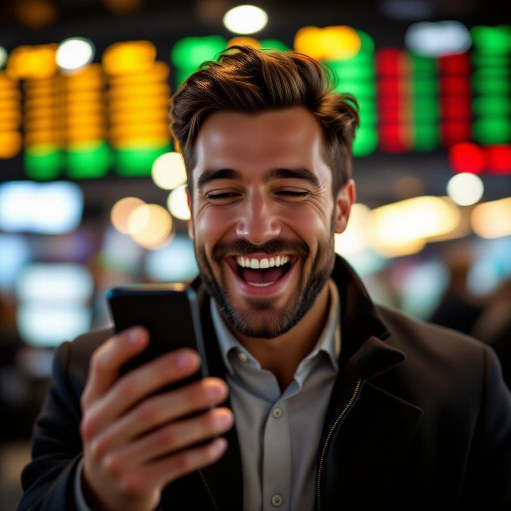 Joyful Man Laughing at Smartphone on Trading Floor