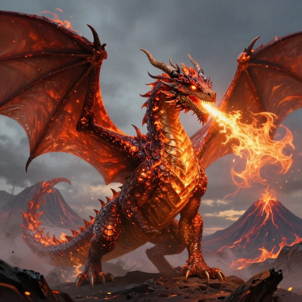 Majestic Fire Dragon in Volcanic Sky