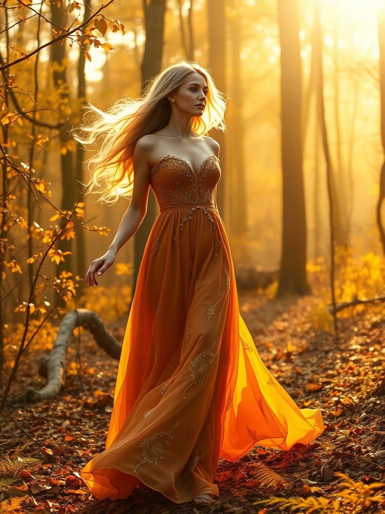 Golden Haired Woman in Sunlit Forest, Pre-Raphaelite Style