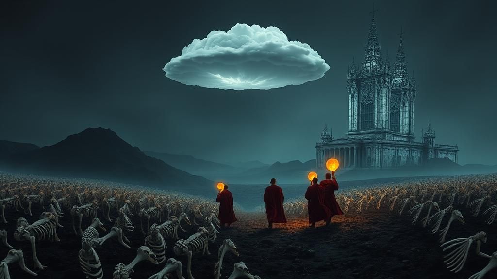 Surreal Bone Landscape with Monks in a Mystical Realm