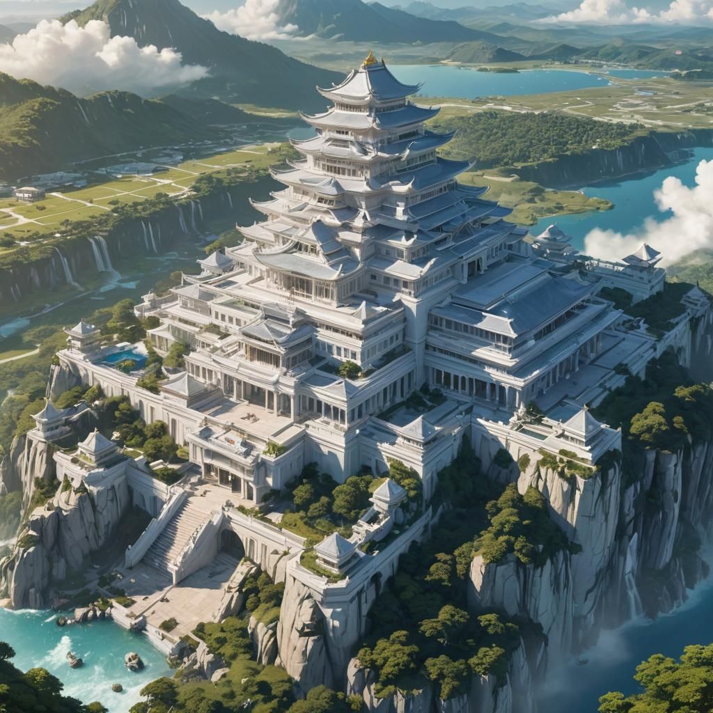 Majestic Asian Palace Overlooking City in Anime Style