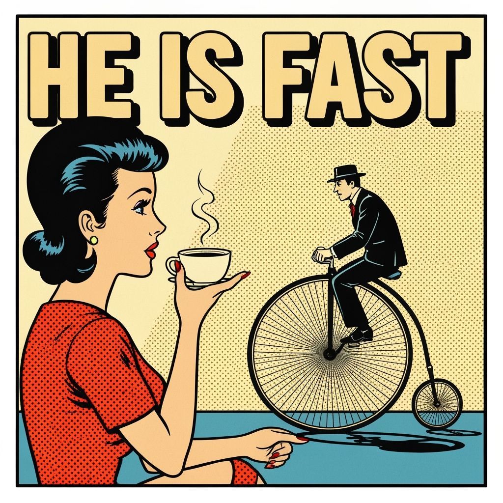 Retro Pop Art Poster: Woman Sips Coffee, Man Rides Bicycle