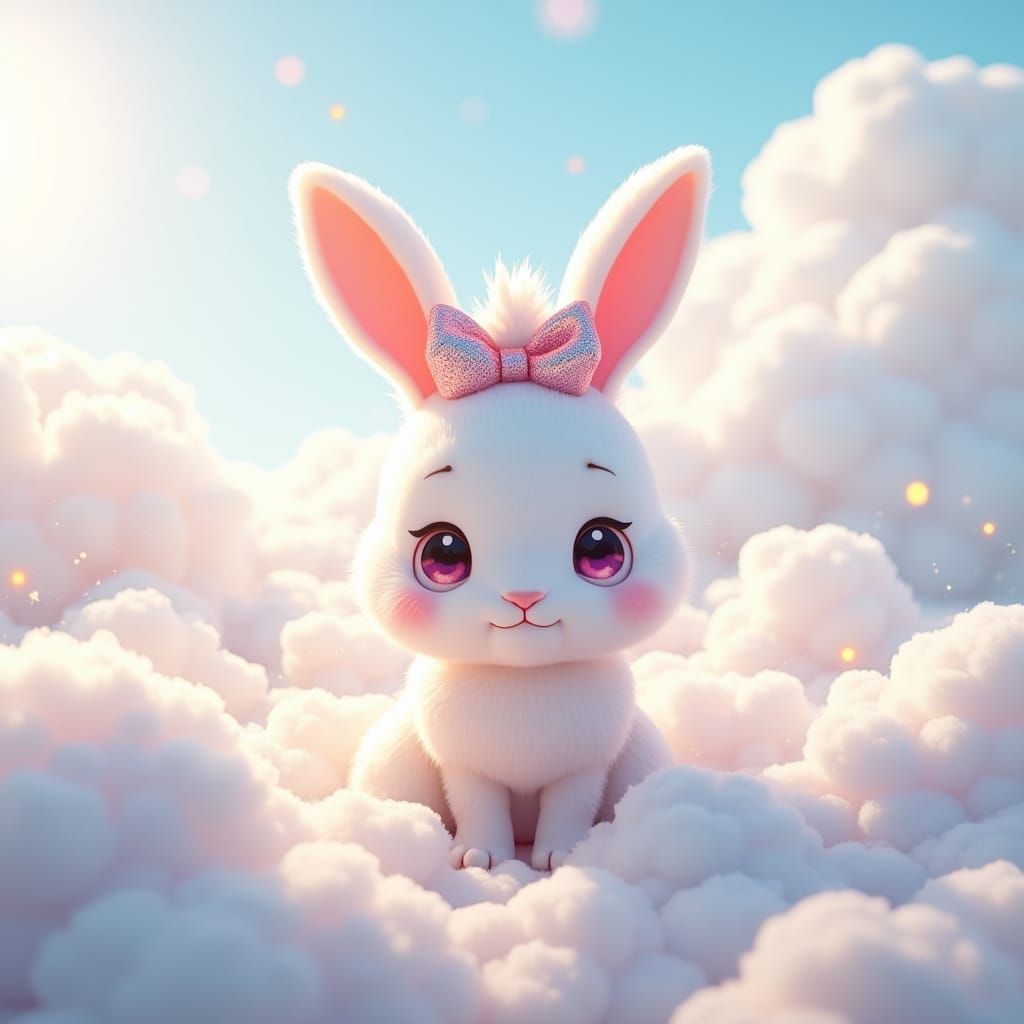 Cute White Bunny with Hairbow in Cloud Haven