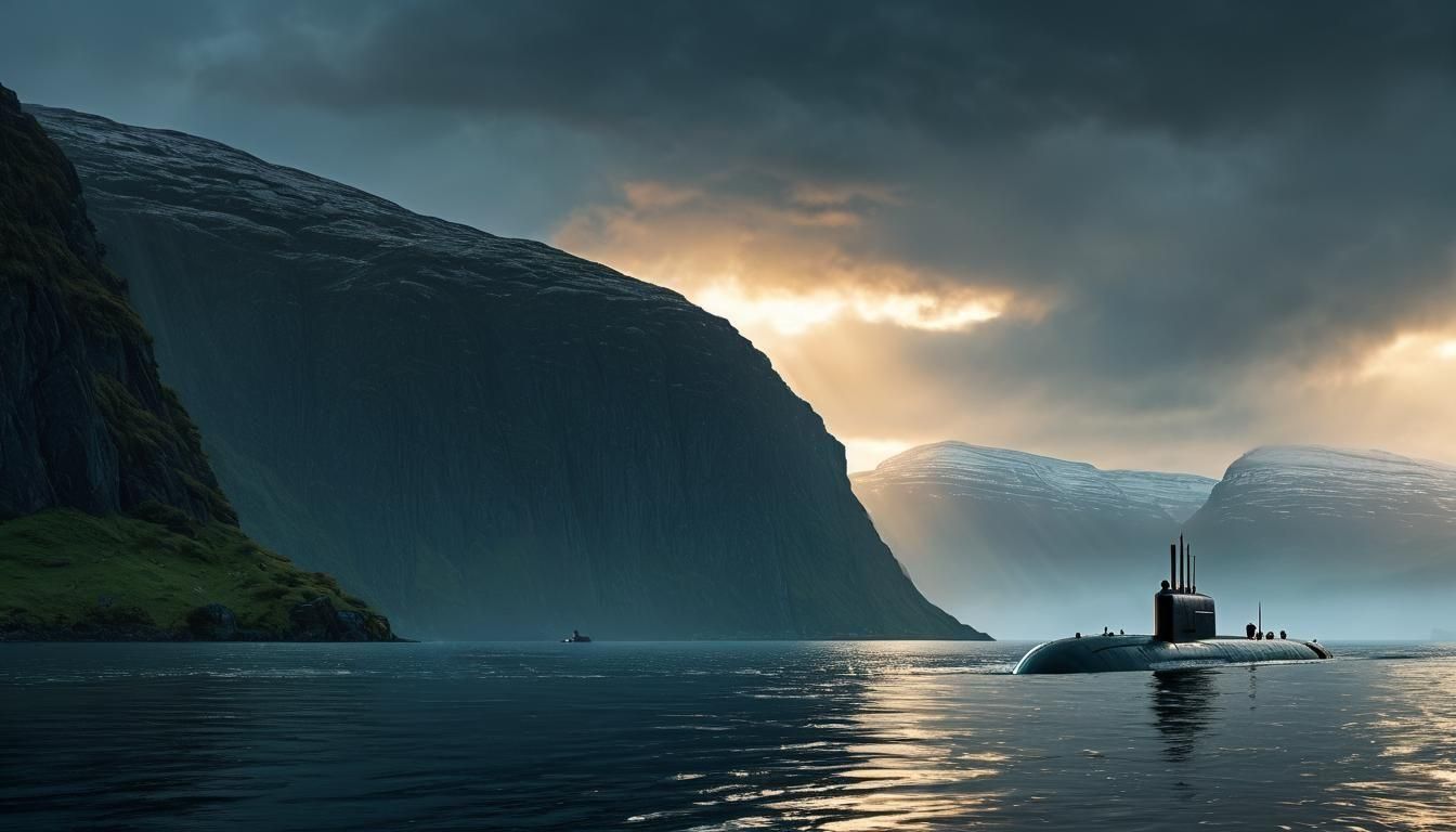 Submarine Emerges from Fjord at Sunrise