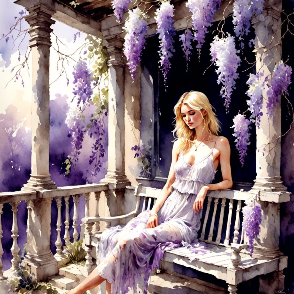 Blonde Woman on Victorian Porch in Antique Watercolor Style