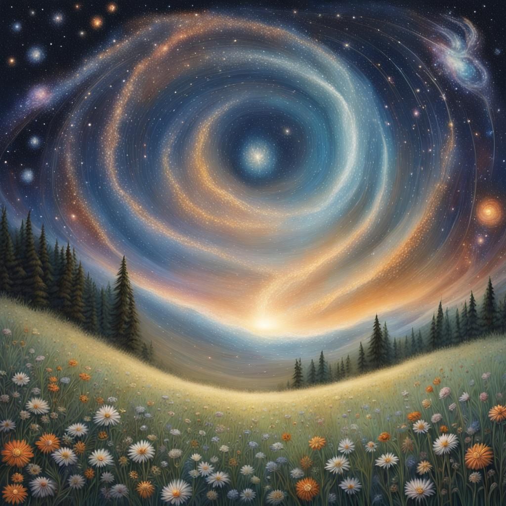 Cosmic Starlit Meadow in Detailed Matte Painting