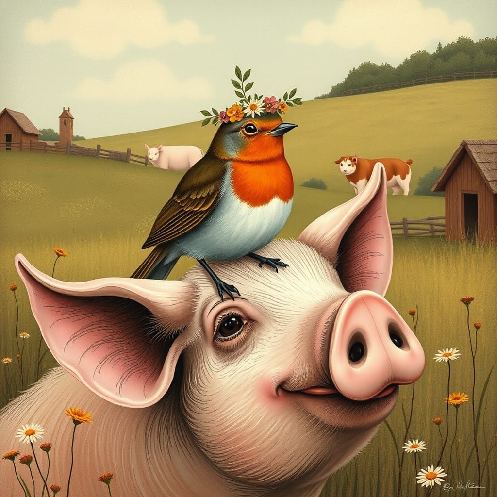 Robin with Pig's Head in Whimsical Style