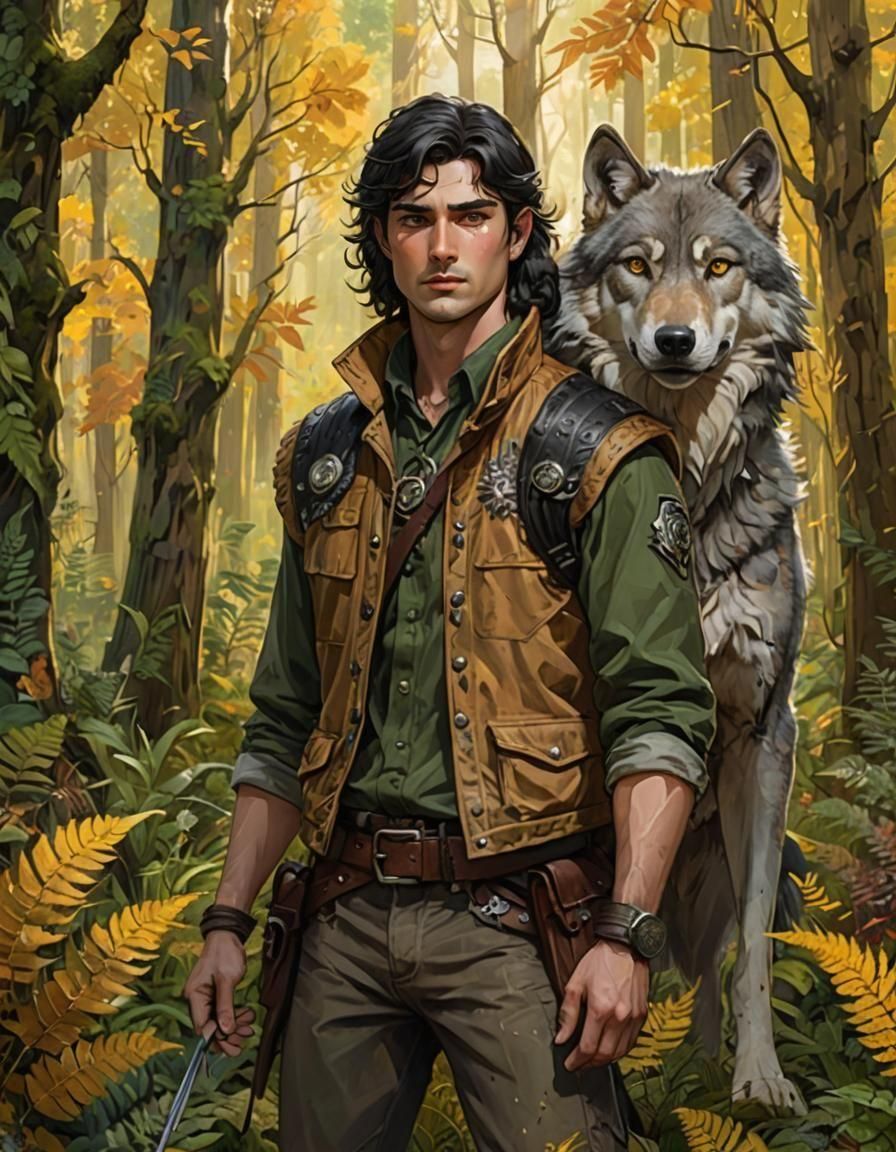Ranger and Wolf in Forest Sunlight