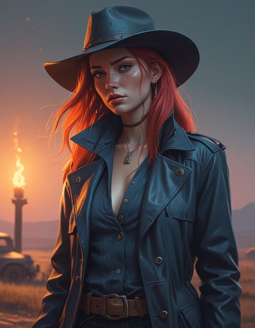 Mysterious Vampire Cowgirl in a Dark Western Landscape