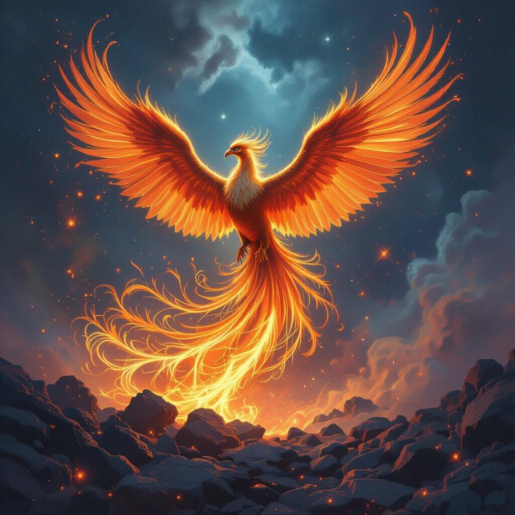 Phoenix Rising from Embers in Epic Fantasy Style