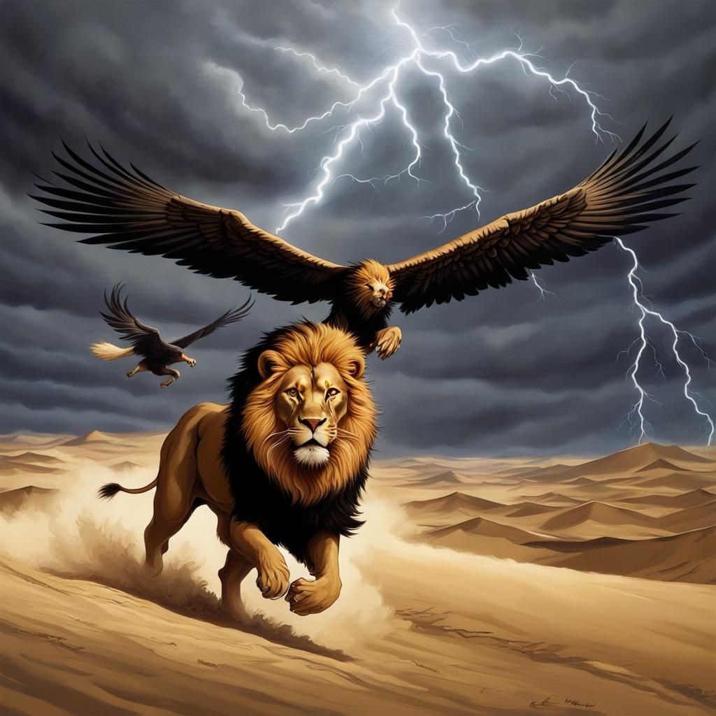Lion and Eagle in Desert Lightning Storm