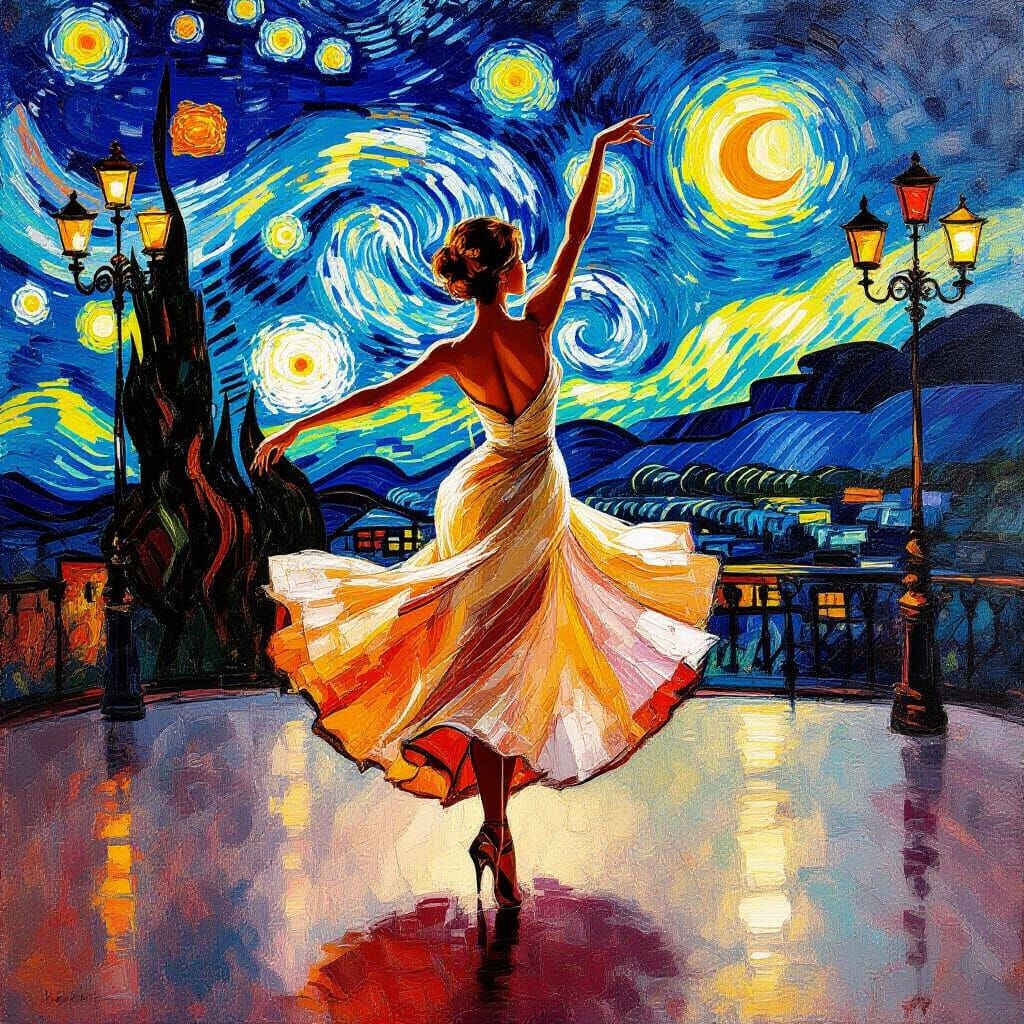 Impasto Masterpiece: Woman Dancing with Dramatic Lighting