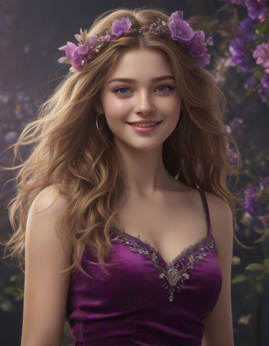 Fantastical Young Woman in Velvet Dress with Flowers