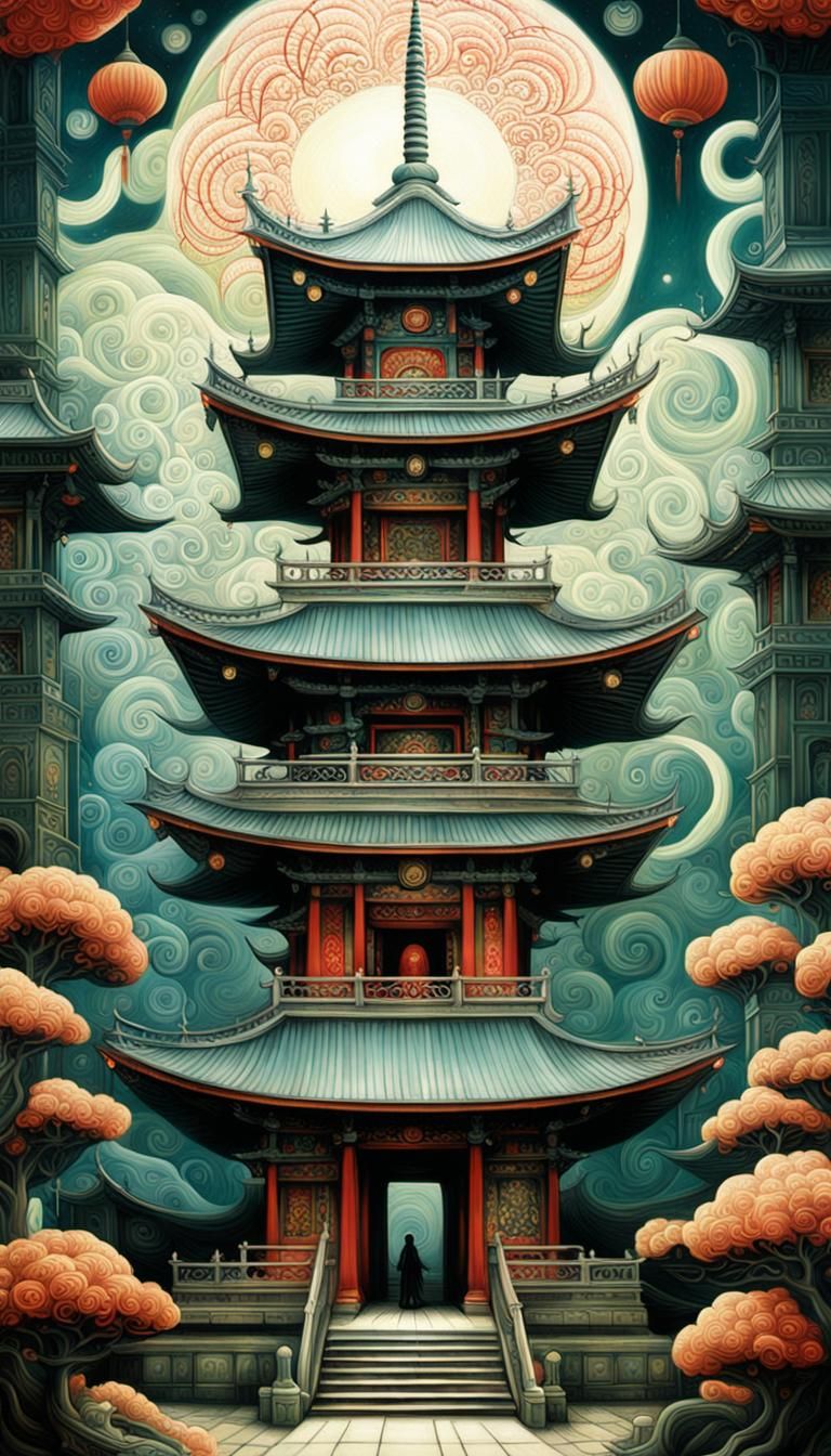 Fractal Japanese Temple in Art Brut Style