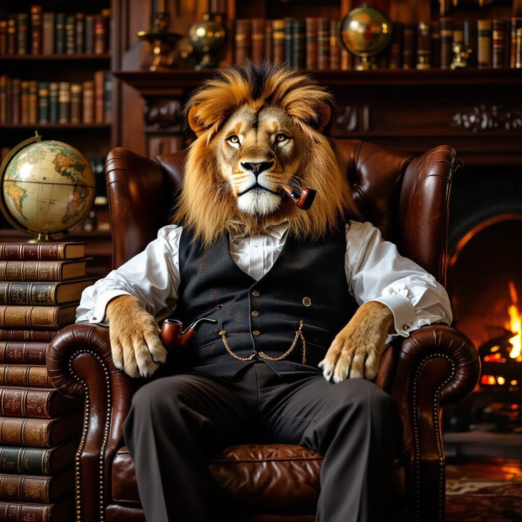 Distinguished Lion Lounging in a Library, Illustration