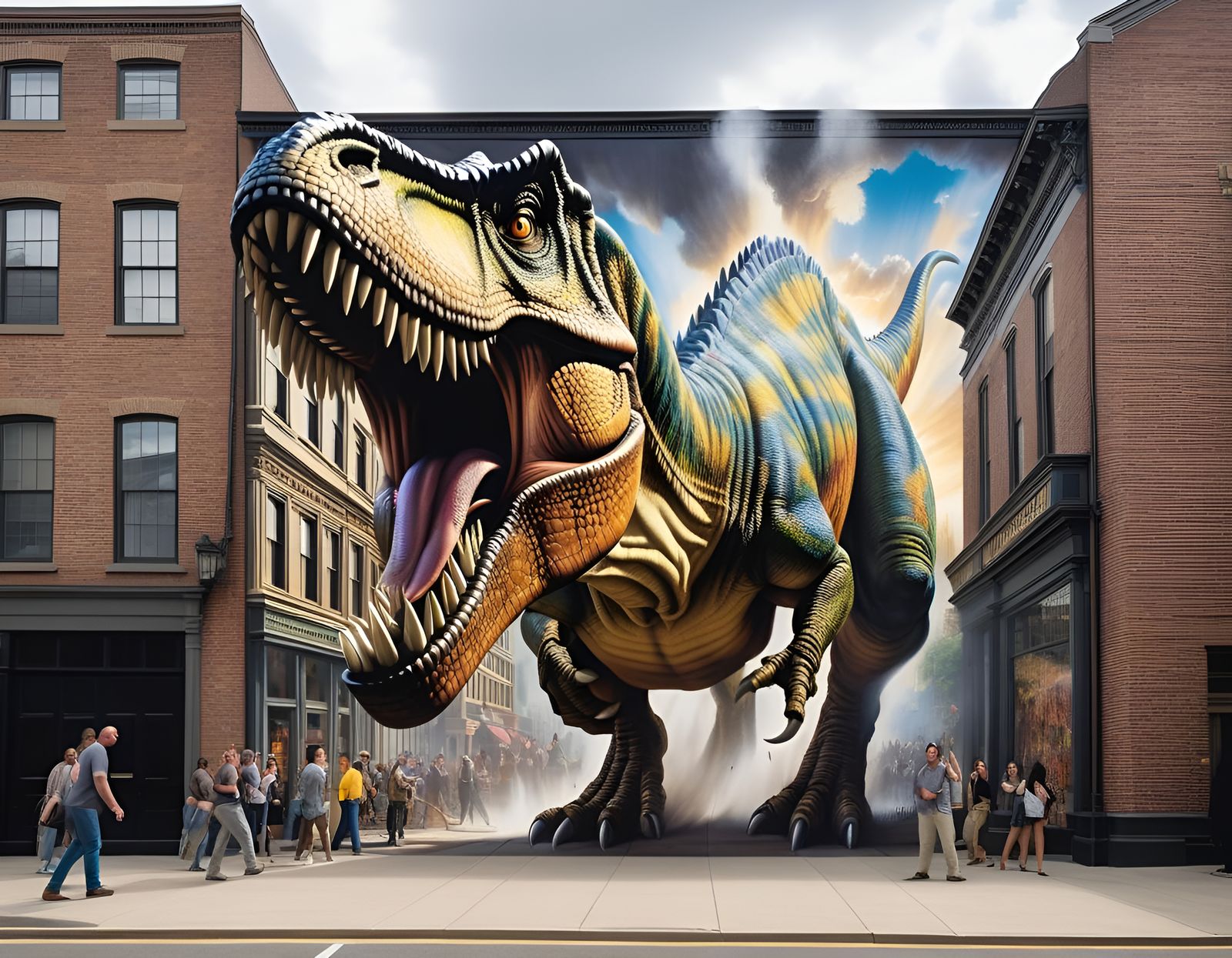 Giant T-Rex Anamorphic Mural on City Square
