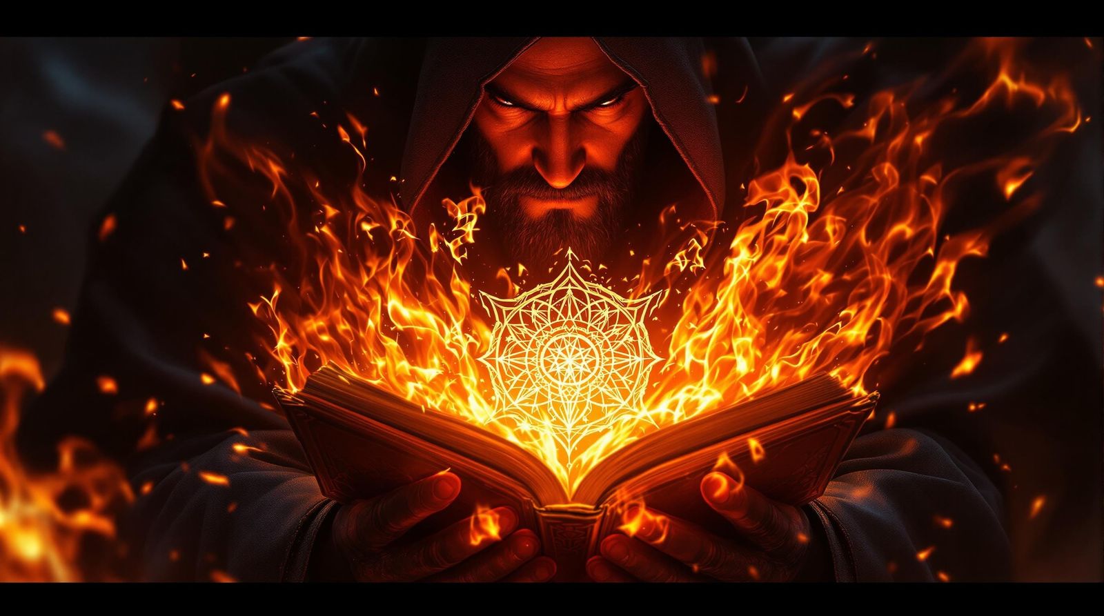 Fire Mage Conjuring Ancient Symbols from Burning Grimoire