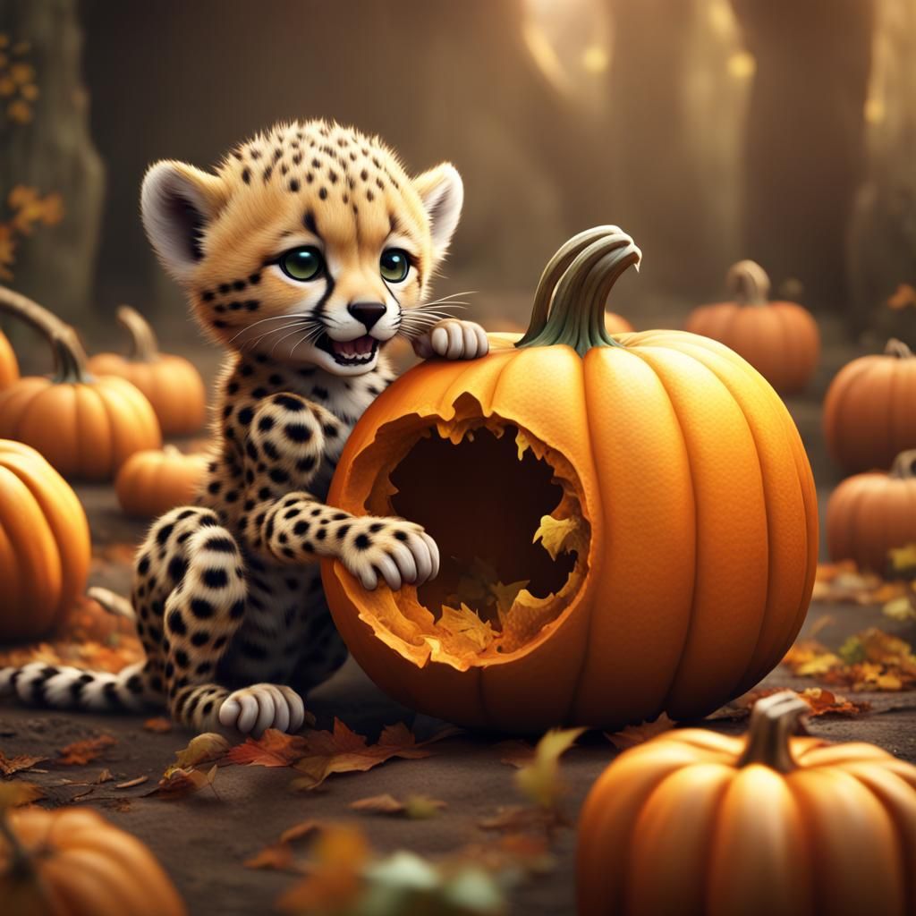 Cute Cheetah Cub Bites a Pumpkin