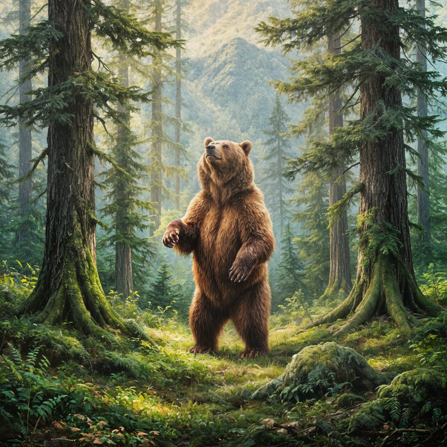 Massive Brown Bear in Lush Evergreen Forest