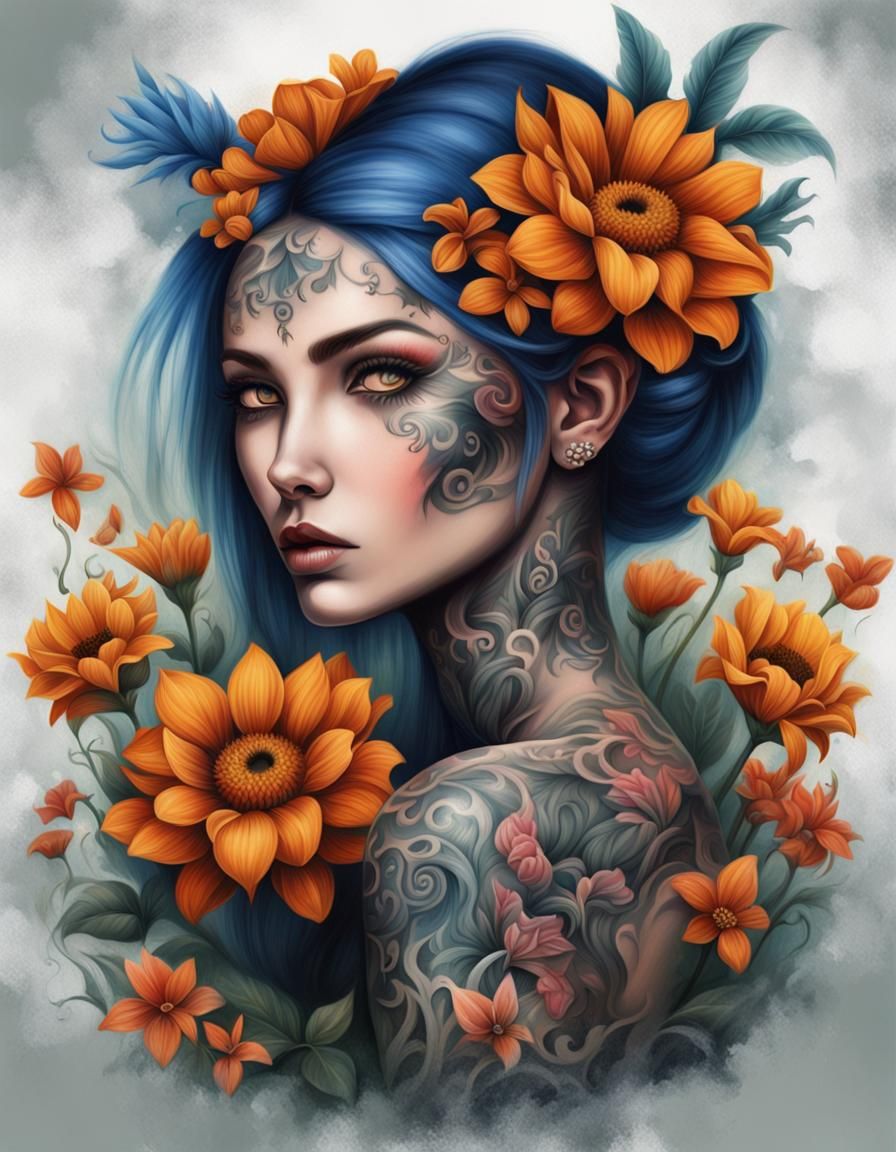 Tattooed Woman with Flowers, Airbrushed Gothic Art
