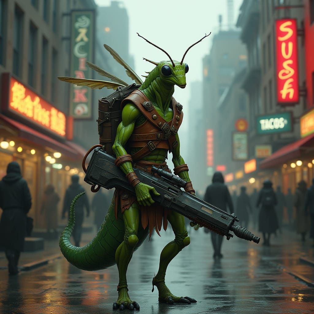 Cyberpunk Insectoid Warrior on City Street