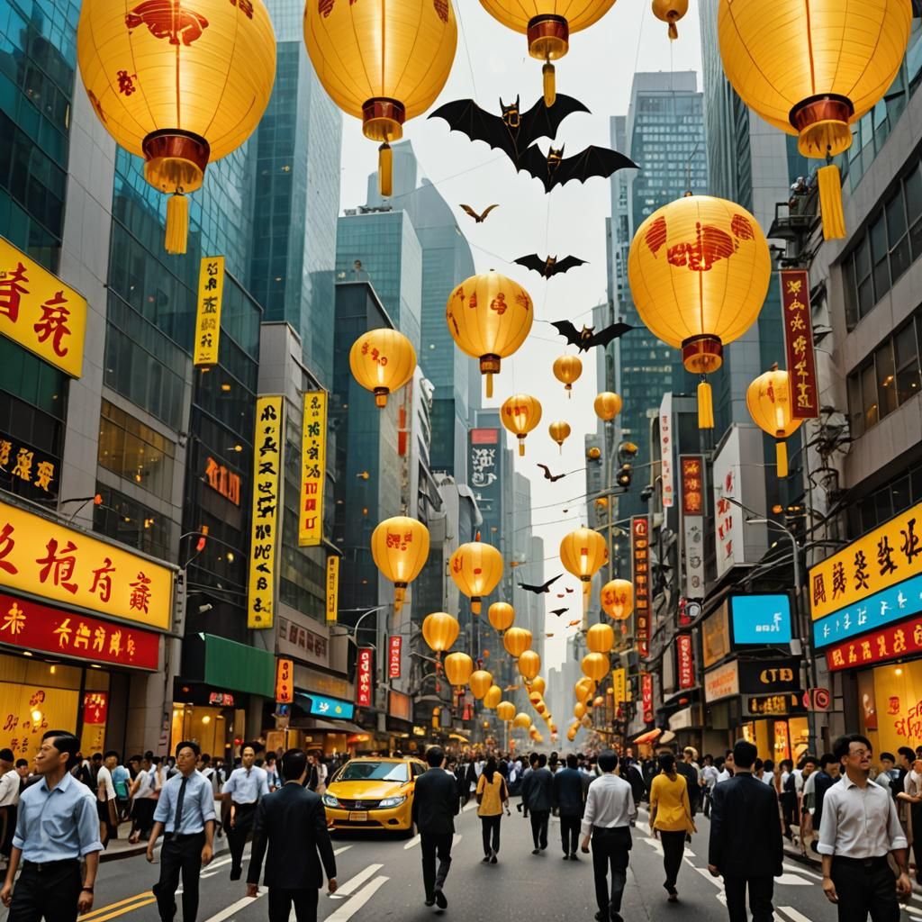 Surreal Cityscape with Floating Lanterns and Kite