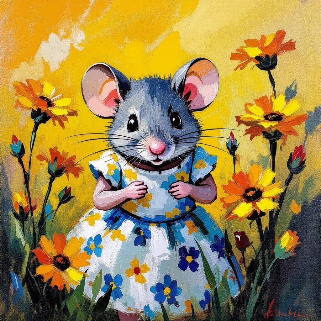 Mouse in Floral Dress, Impasto Painting