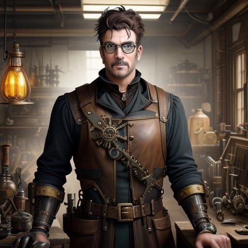 Steampunk Inventor in Victorian-Era Workshop