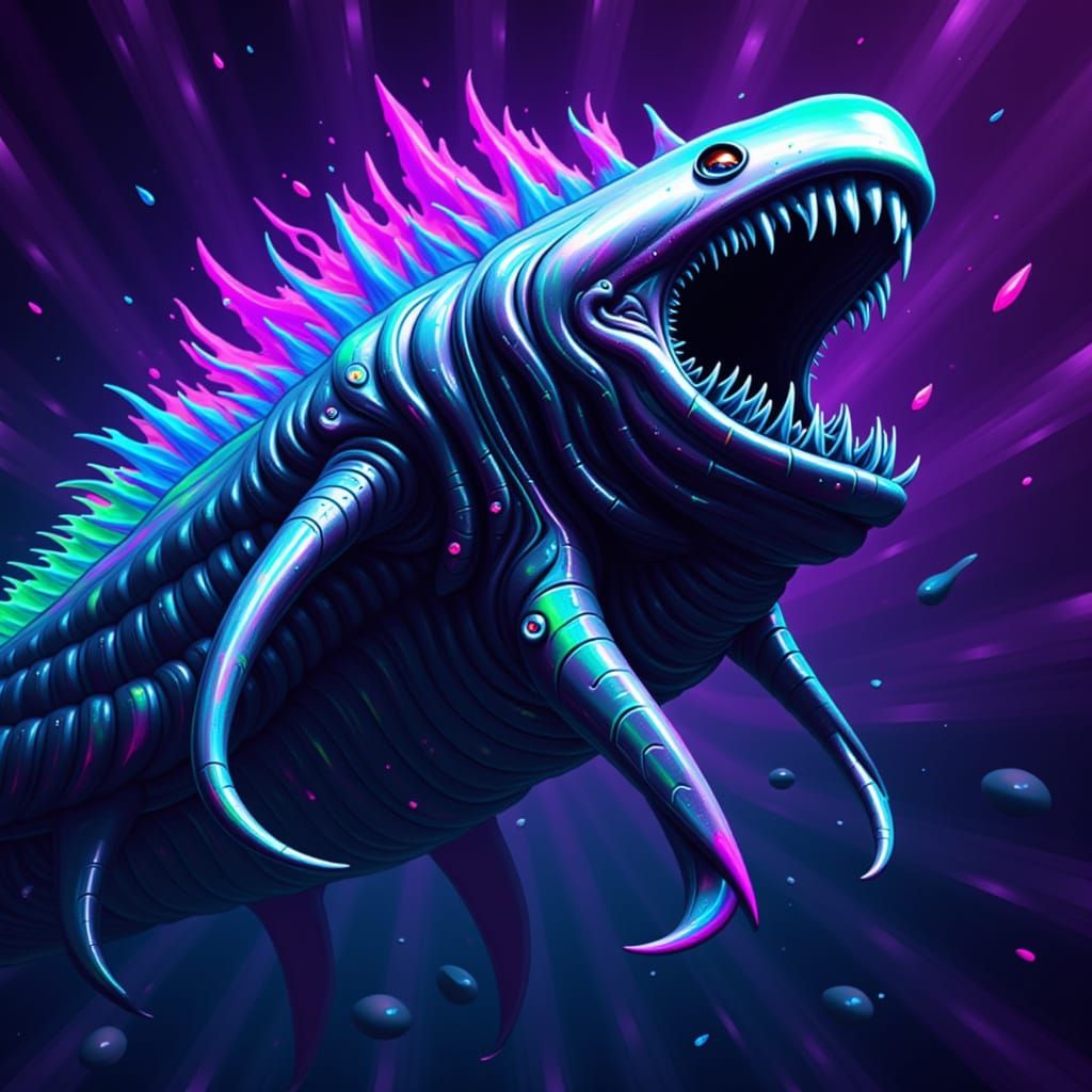 Shark-Xenomorph Emerges from the Deep, Graffiti Art