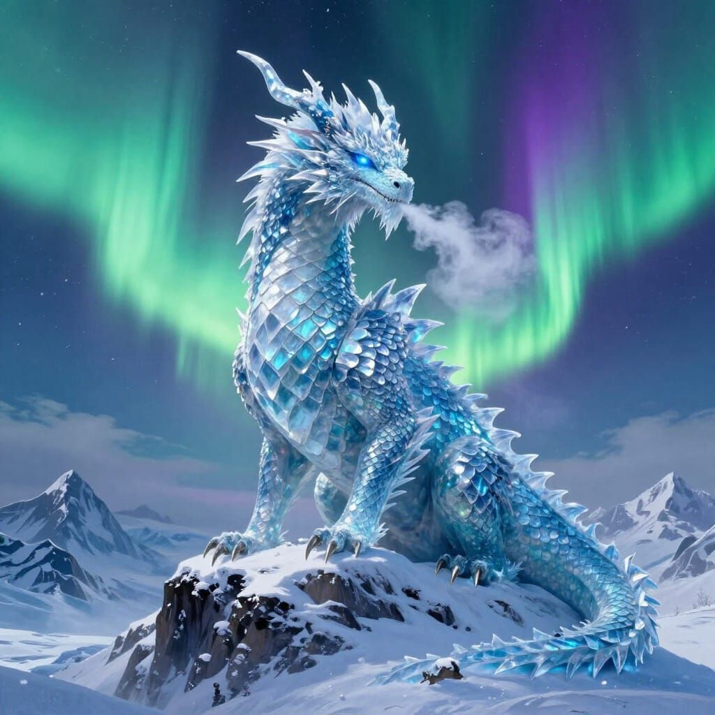 Majestic Ice Dragon on Snowy Peak Under Aurora