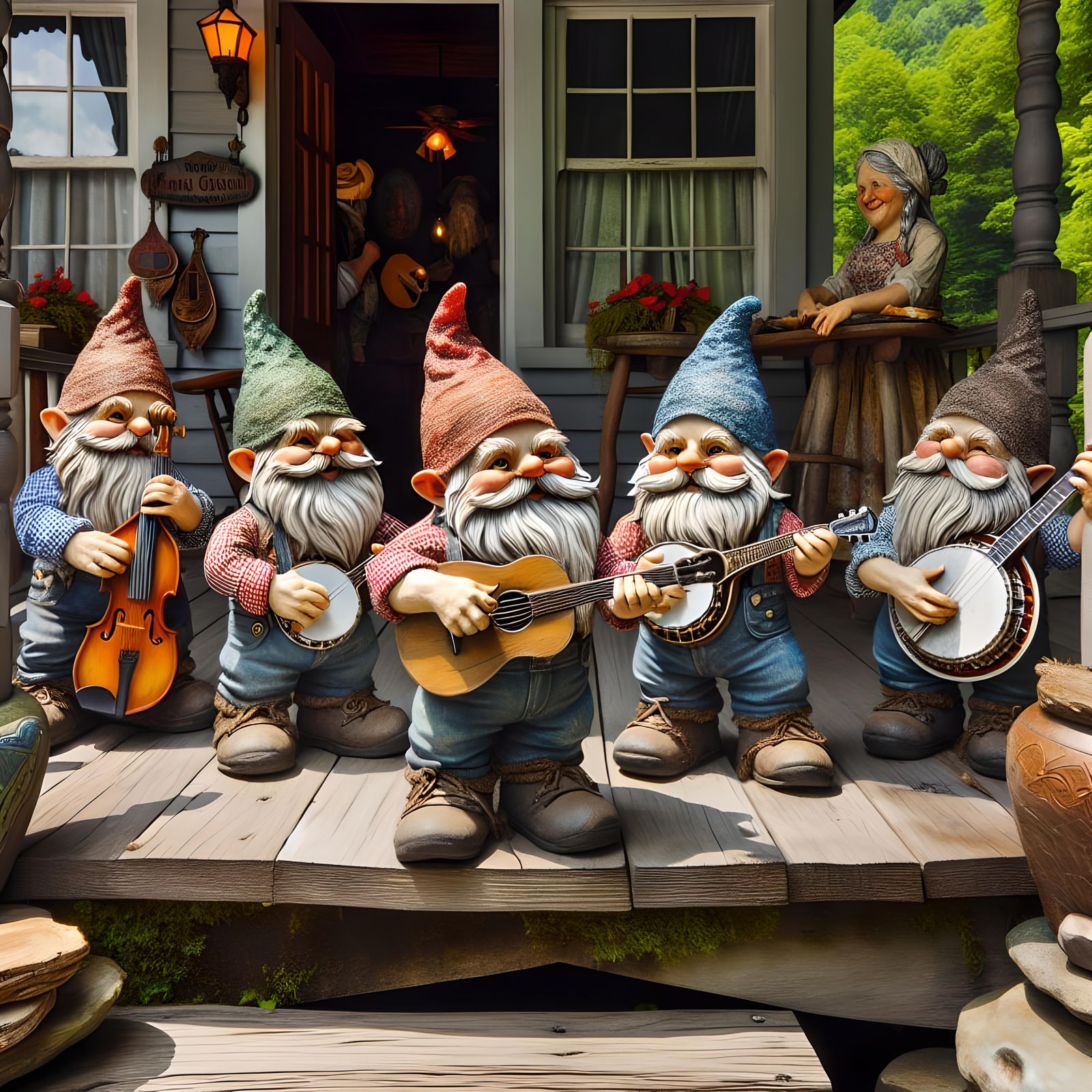 Garden Gnomes playing in an Appalachian bluegrass band, stan...