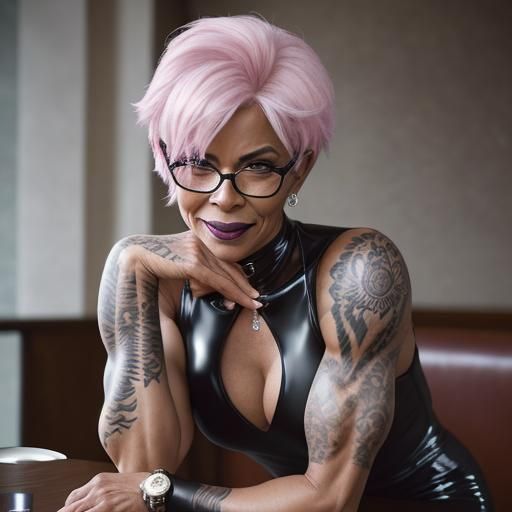 Androgynous Bodybuilder in Latex at Night Restaurant