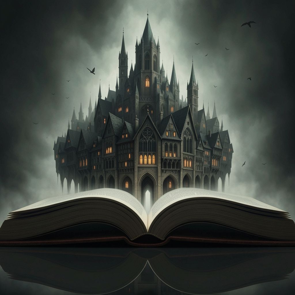 Gothic City Suspended Above Open Book in Dark Fantasy Style