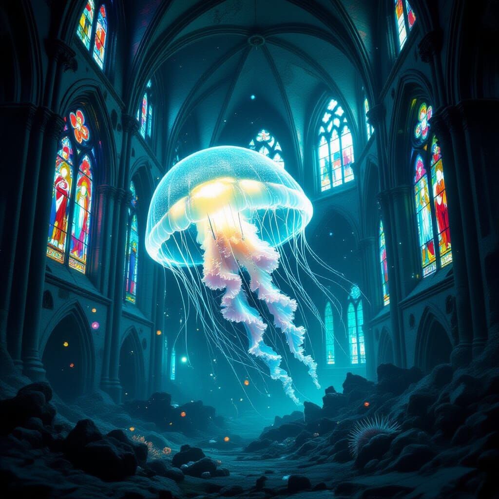 Bioluminescent Jellyfish in Gothic Cathedral Ruins