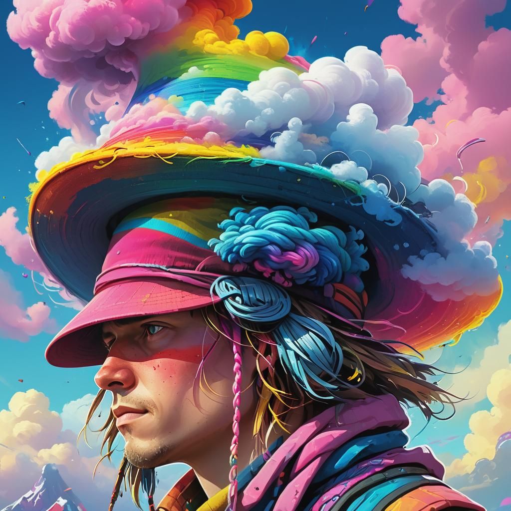 Rainbow Hat in Swirling Clouds: Fantasy Art