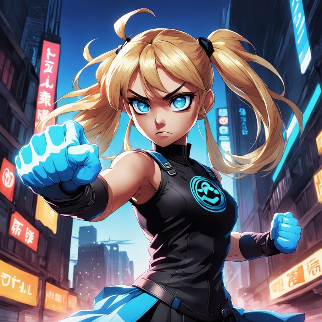 Angry Powerpuff Girl in Dynamic Anime Style