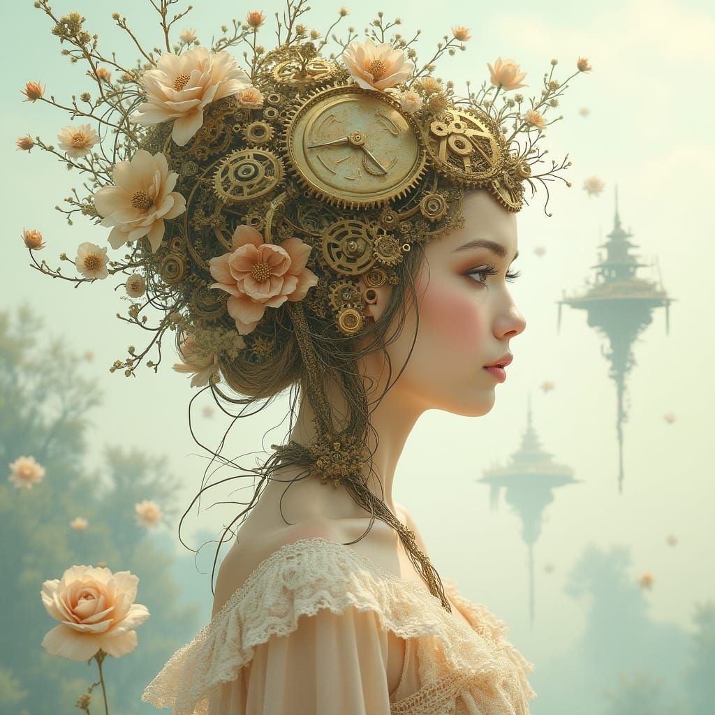Surreal Clockwork Goddess in Soft Digital Art Style