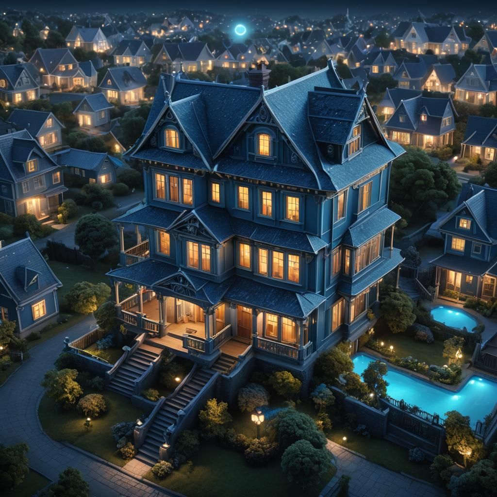 Luminous Blue House at Night in Detailed Matte Painting