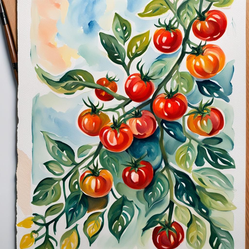 Lush Tomato Vine Gouache Watercolor Illustration