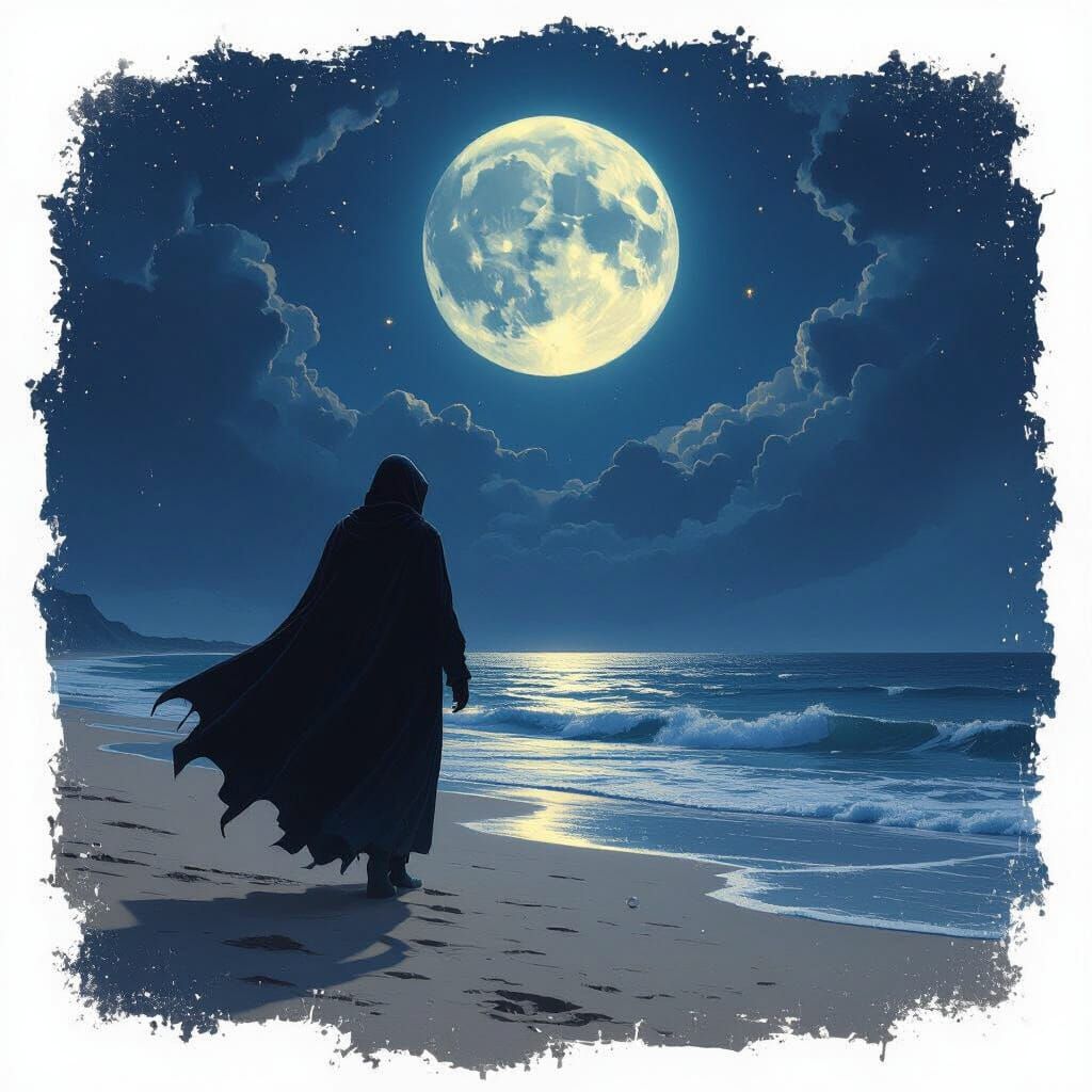 Dark Fantasy Beach Scene with Cloaked Figure and Full Moon