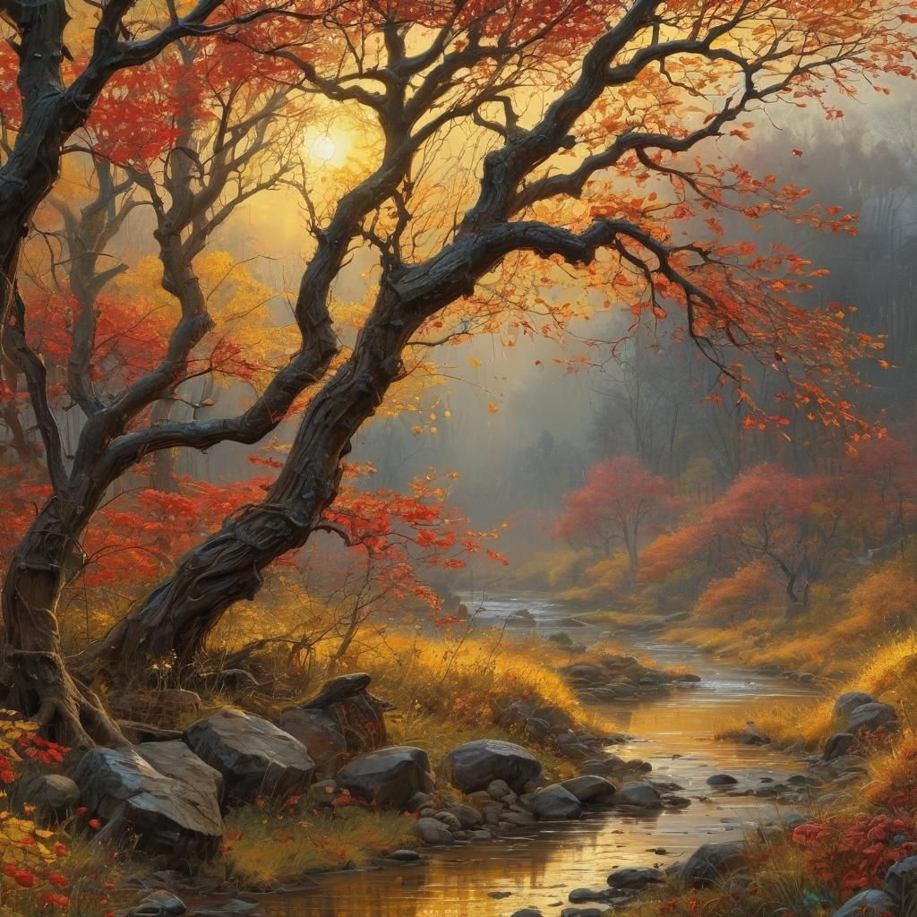 Rainy Autumn Landscape in Yellow and Red Light