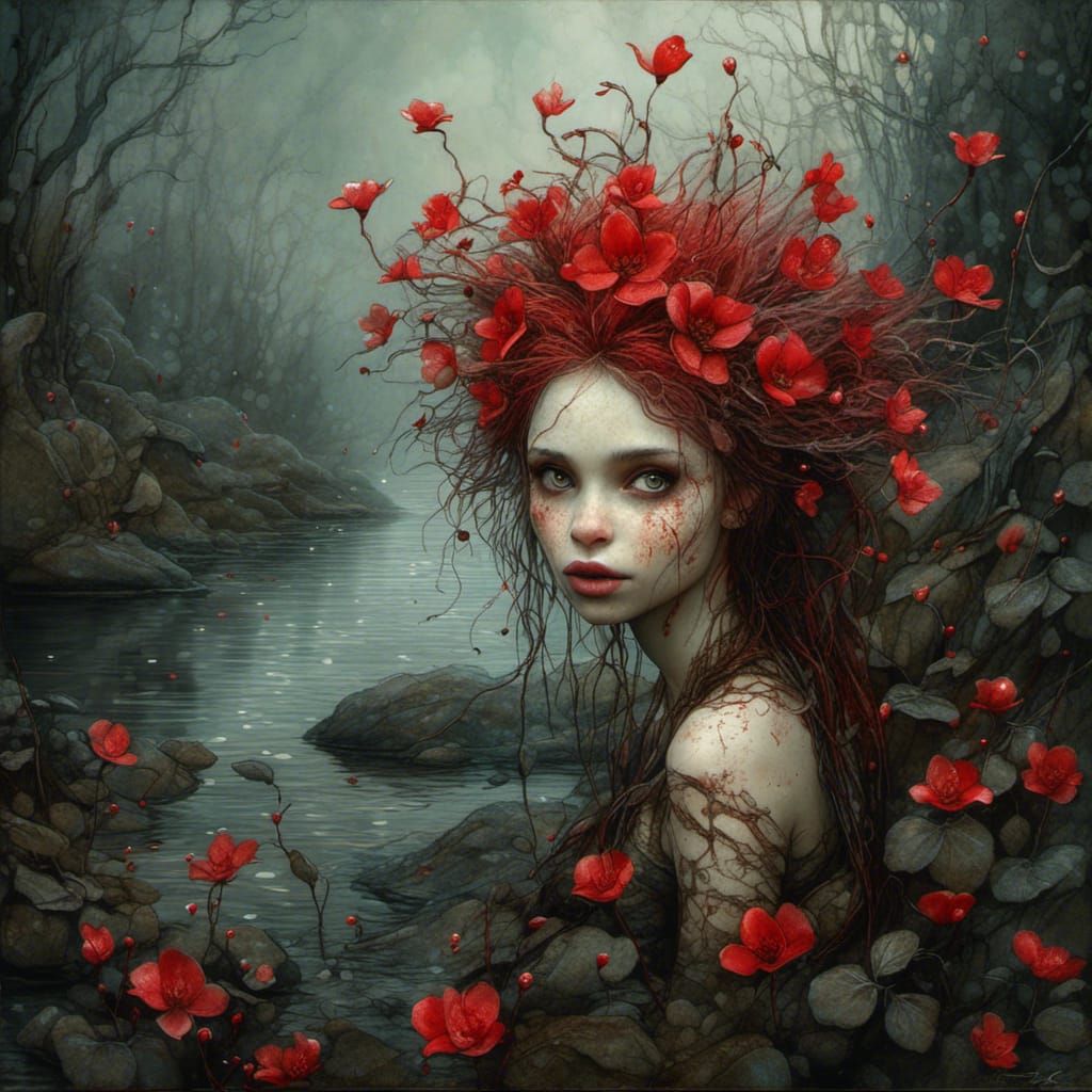 Vampire at Riverbank in Mixed Media Illustration