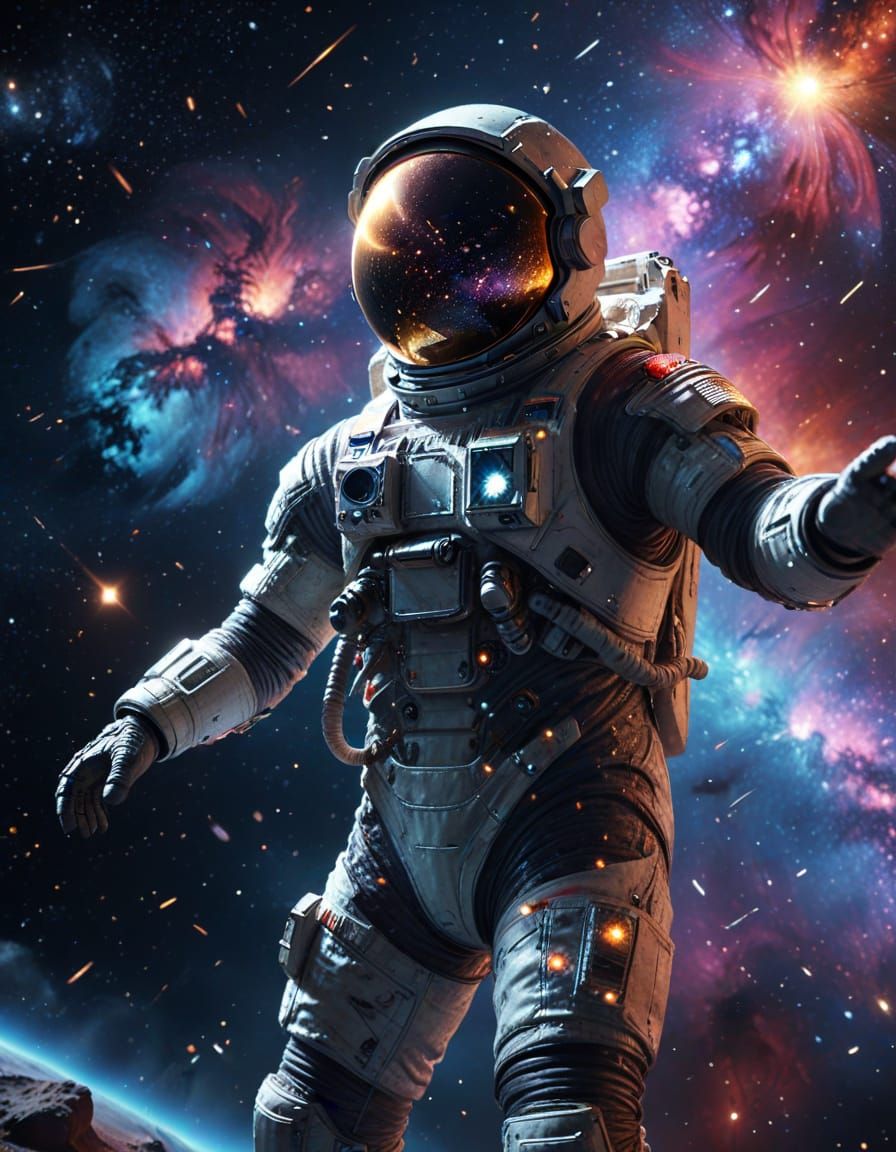 Astronaut Reaching for Galaxy in Vibrant Nebula