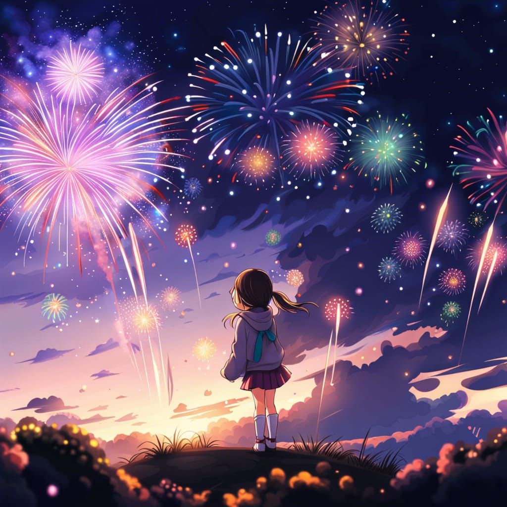 Anime Girl Watching Fireworks in Night Sky
