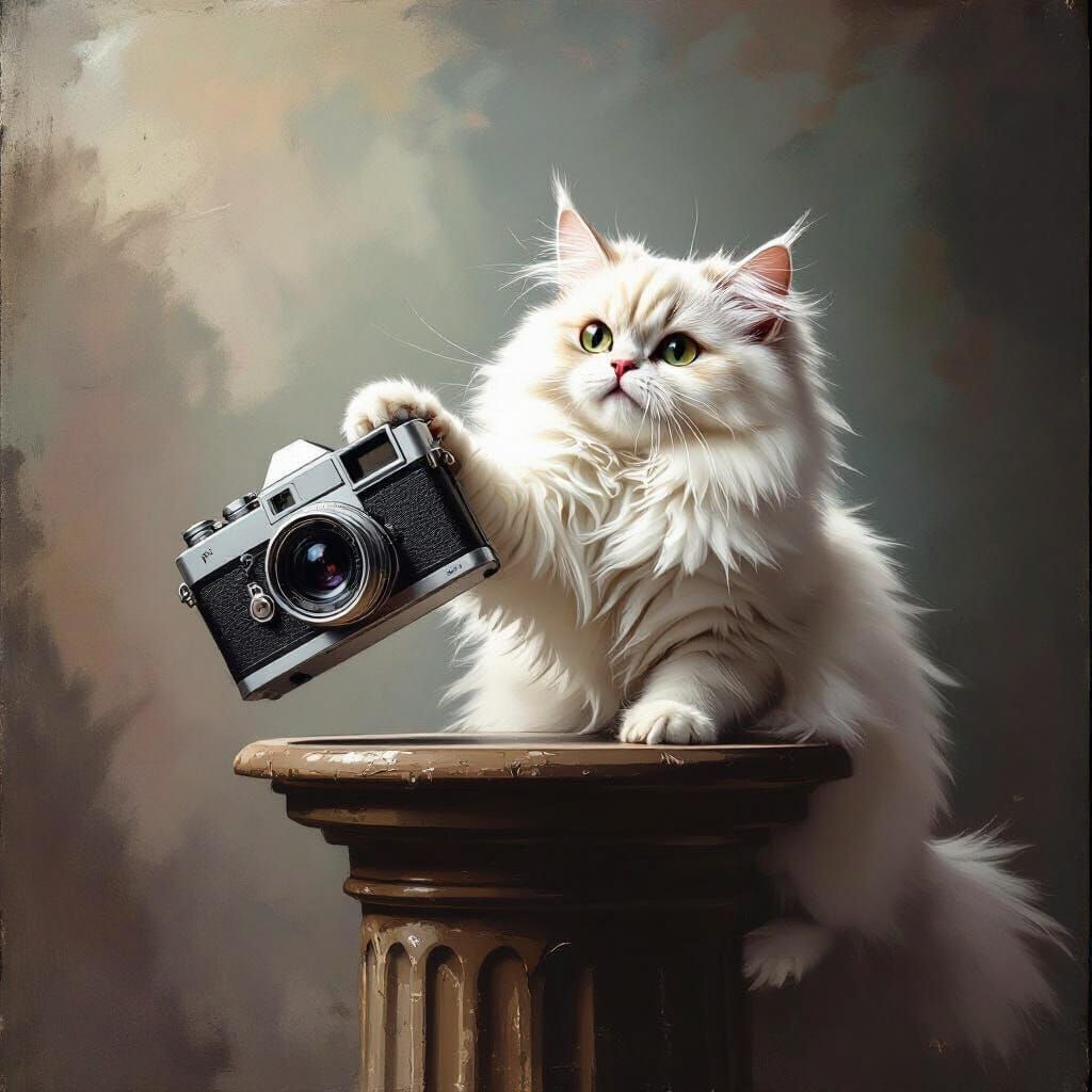 Bewildered Cat Knocks Vintage Camera Off Pedestal