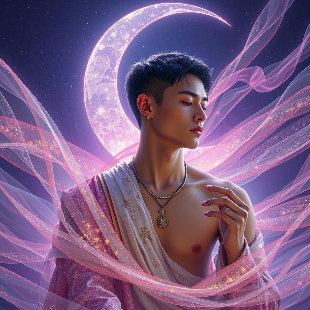 Chinese Swimmer on Moon in Ethereal Veils