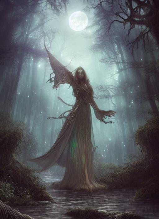 Fantasy Bayou Druid Under Iridescent Moon