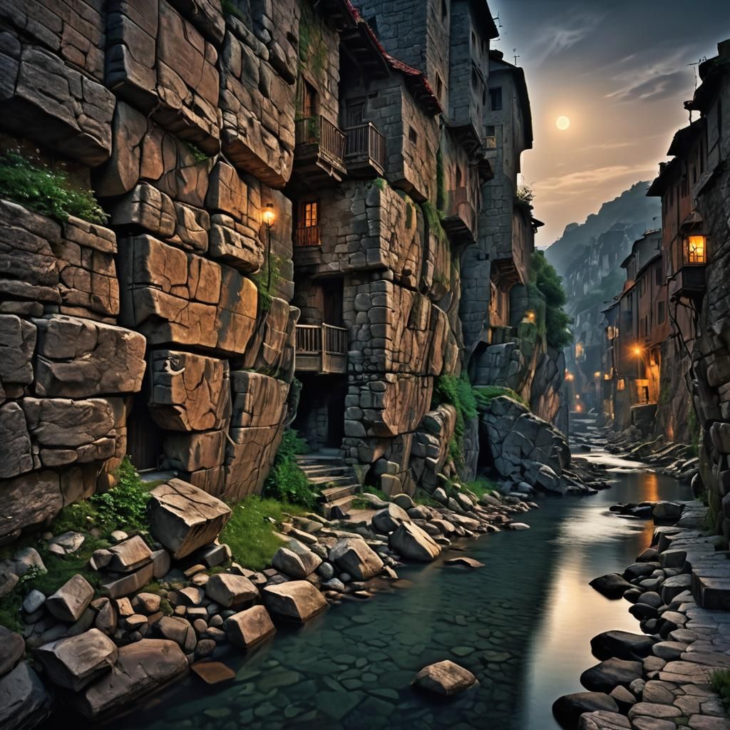 Surreal Summer Night Scene with Rocky Shadows