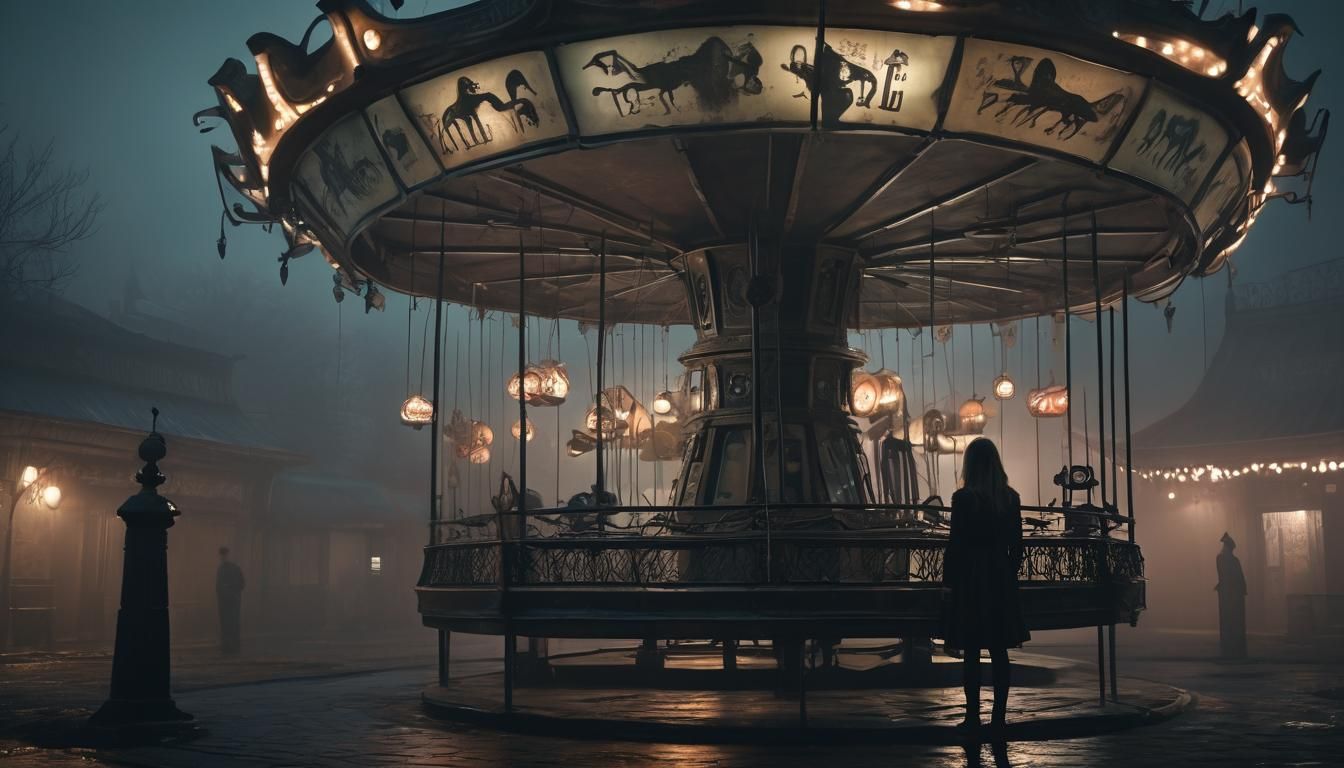 Silent Hill Woman and Merry-Go-Round in Surreal Style